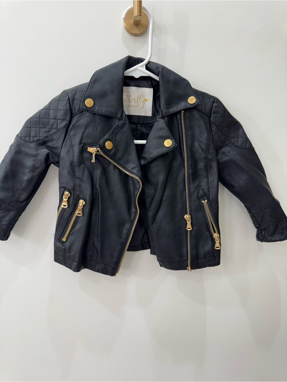 Butter Kids Black Faux Leather Moto Jacket with Gold Hardware